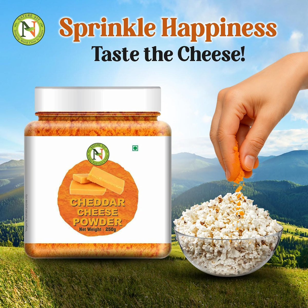 NatureVit Cheddar Cheese Powder, 250g | Cheddar Cheese Powder For Popcorn | Pizza Masala Powder | French Fries & Pasta Masala | Vegan Cheese Powder | Cheese Powder For Makhana