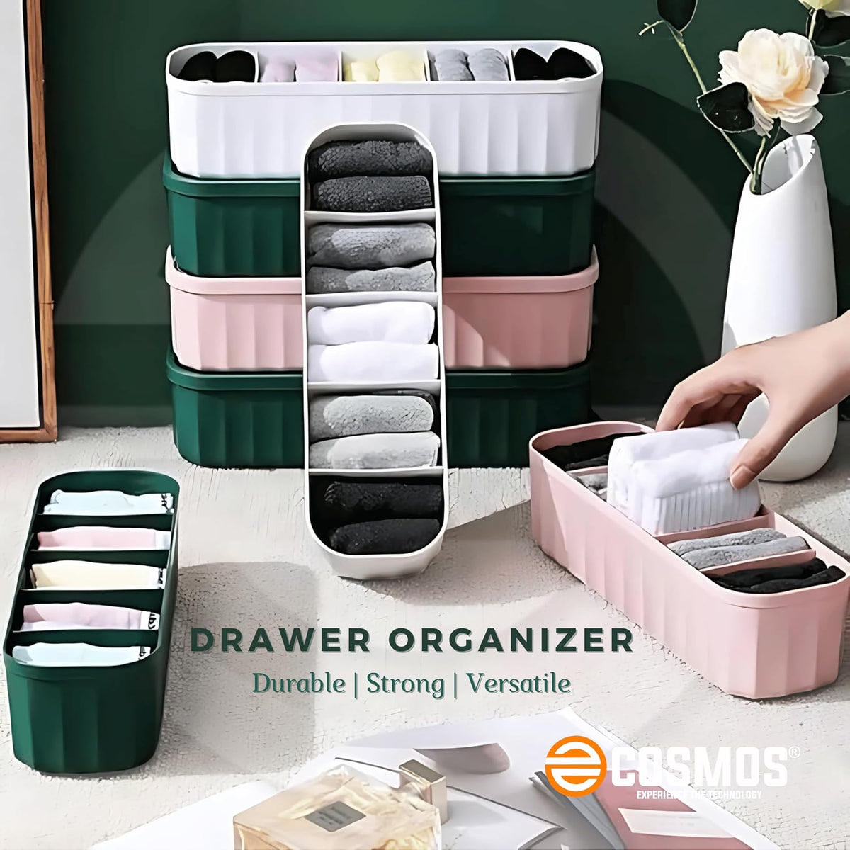 E-COSMOS Drawer Organizers for Undergarments, Socks, Bras, Ties, Scarves, Wardrobe Storage Box Kitchen Tools (Pack Of 4)