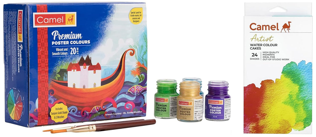 Camel Premium Poster Colour with Brush - 20 Shades (Multicolor) Artist Water Colour Cake Set - Pack of 24 (Blue)
