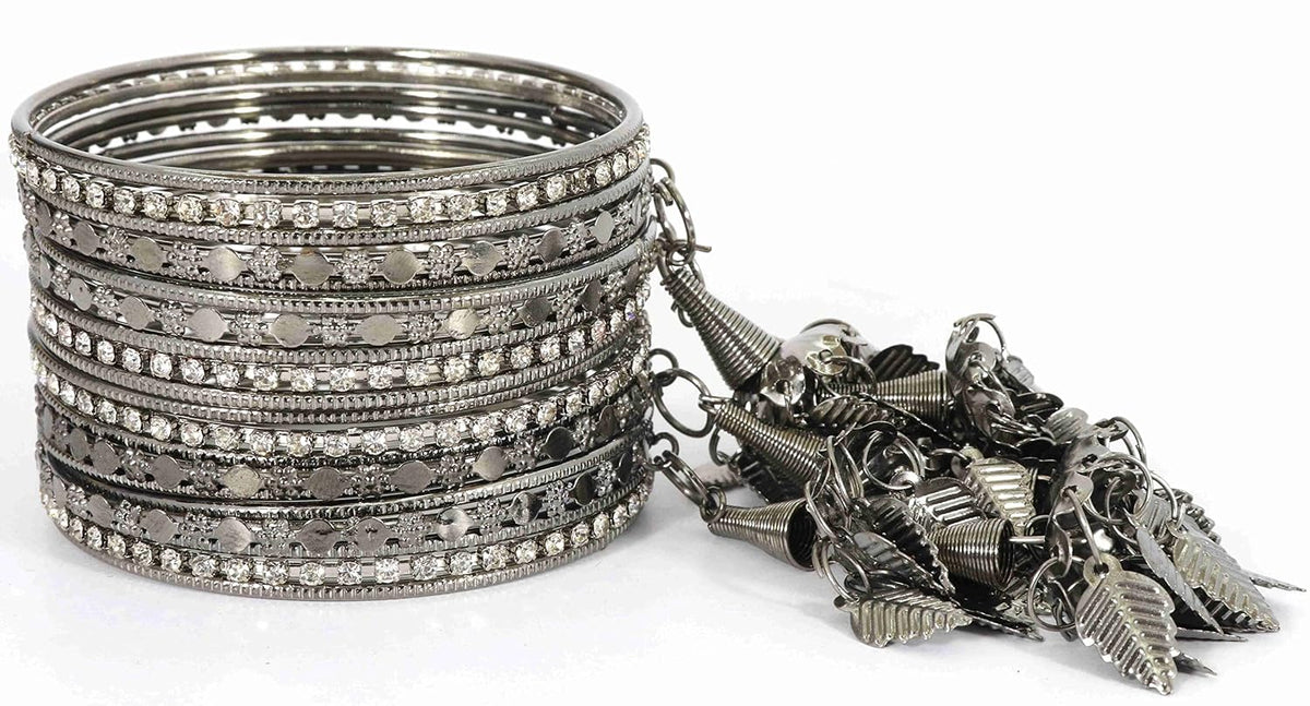 NMII Metal with Zircon Gemstone Studded Glossy Finished Chilai Latkan Bangle Set For Women and Girls