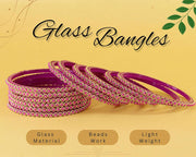 NMII Glass Golden Beads & Pearls Moti Work Designer Bangles Set For Women & Girls | Kanch ki Chudi Set | Girl's Bangles Bracelet | Glass Bangles | Daily, Wedding, Party, Fashion Jewellery- Set of 12