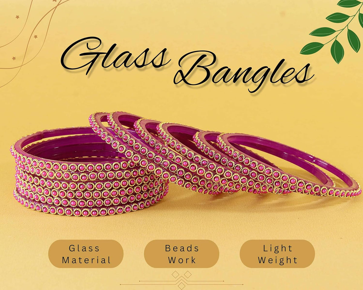 NMII Glass Golden Beads & Pearls Moti Work Designer Bangles Set For Women & Girls | Kanch ki Chudi Set | Girl's Bangles Bracelet | Glass Bangles | Daily, Wedding, Party, Fashion Jewellery- Set of 12