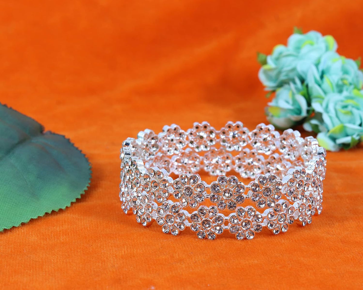 NMII Alloy With Zircon Gemstone and Flower Pattern Glossy Finished Kada set for Women and Girls, (Pack of 2 Kada set)