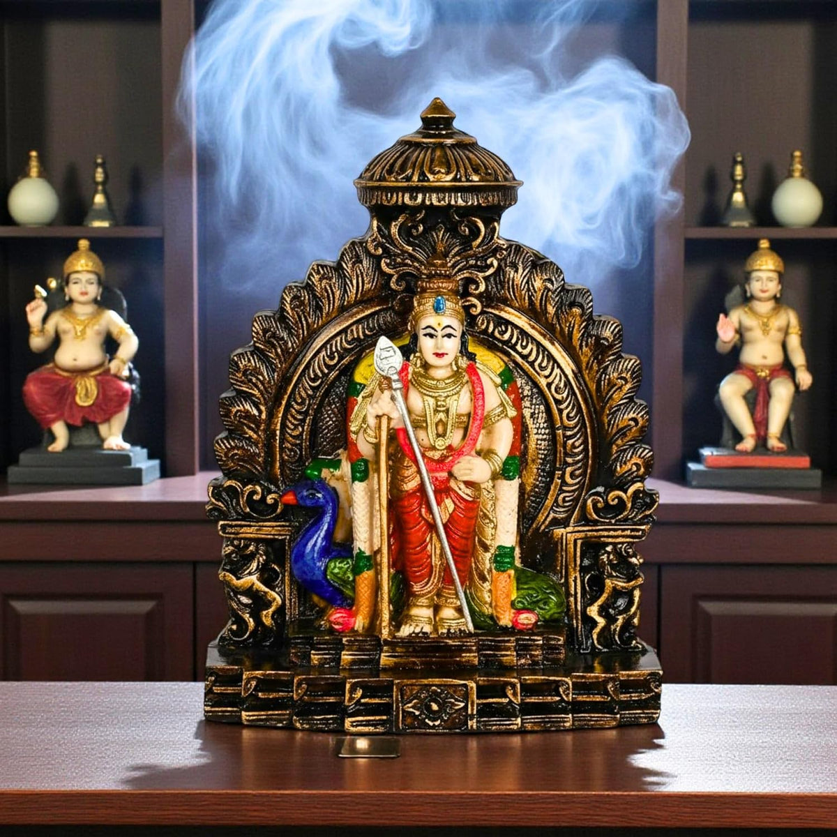 YaaNatural Yaa Catchy Lord Murugan Idol with Peacock & Vel Design Polyresin Statue hand painted Pooja Room, Home Décor & Office Table Spiritual Showpiece | Housewarming & Festival Gift (Arch Colour Murugan)
