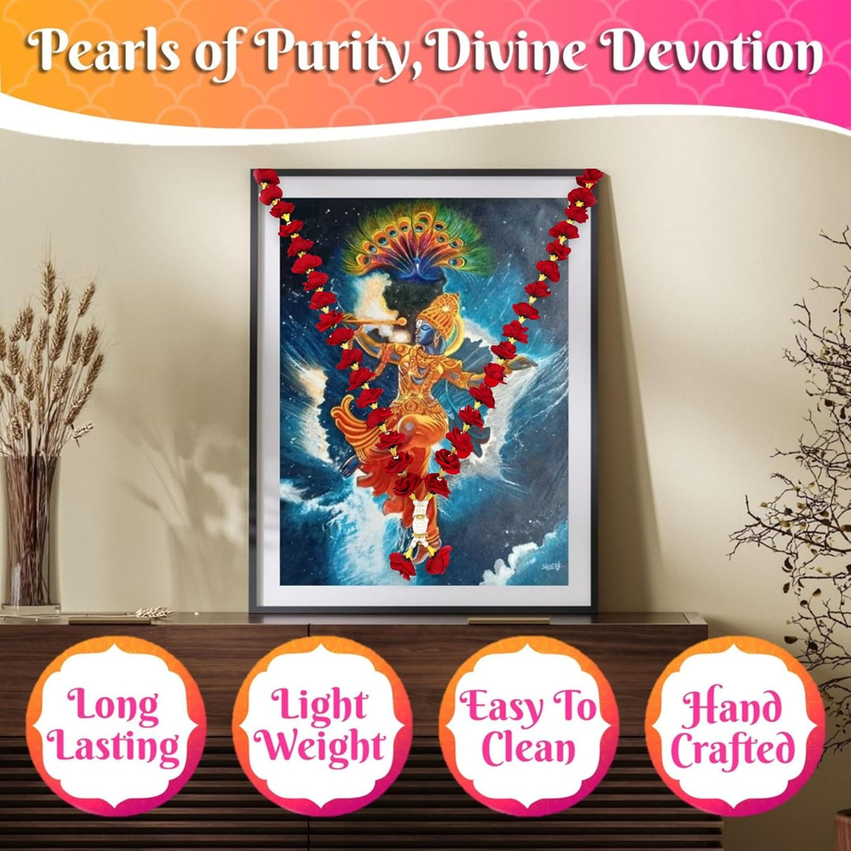 Bhakti Lehar Velvet Rose Flower Garland for Photo Frame and God Idol/Artificial Pearl Moti Gulab Mala Haar (30 Inch)