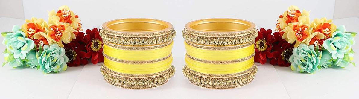 NMII Acrylic (Plastic) with Zircon Gemstone Or Beads and Spread with Glitter Pattern Glossy Finished Chuda Set For Women and Girls, (Yellow16_2.8 Inches), Pack Of 60 Bangle Set