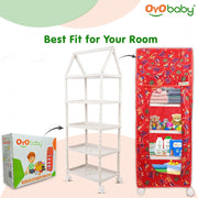 OYO BABY Kids Wardrobe for Storage 5 Shelves | Heavy Duty Plastic Almirah for Baby Clothes, Toys & Books Rack | Compact Storage Organizer for Nursery/Bedroom [Printed - Red]