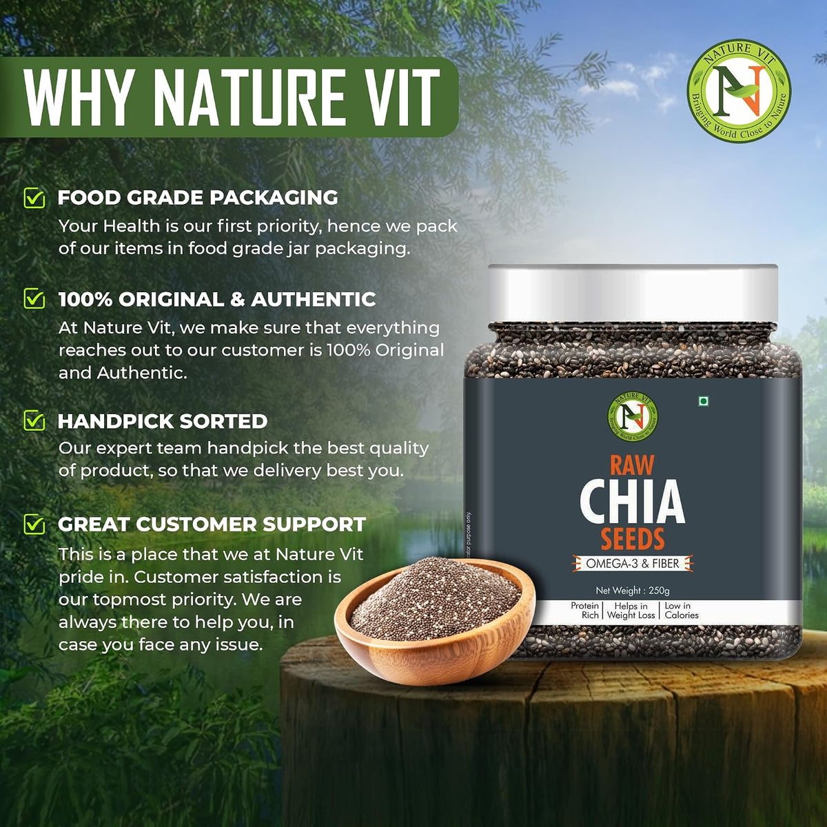 NatureVit Raw Chia Seeds 250g | Superfood for Eating | Rich in Omega-3, Fiber & Protein | Ideal for Weight Loss, Digestion & Energy | Gluten-Free & Vegan