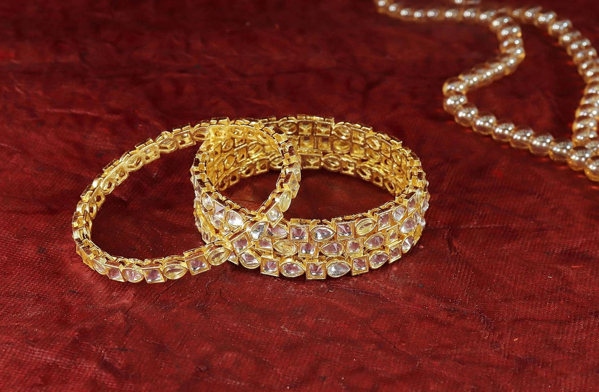 NMII Gold Plated Metal Zircon Diamond & Kundan Stone Bangles For Women & Girls | Traditional Girl's Bangles Bracelet | Premium Women's Bangles Fashion Jewellery | Wedding, Party, Festive- Set of 4
