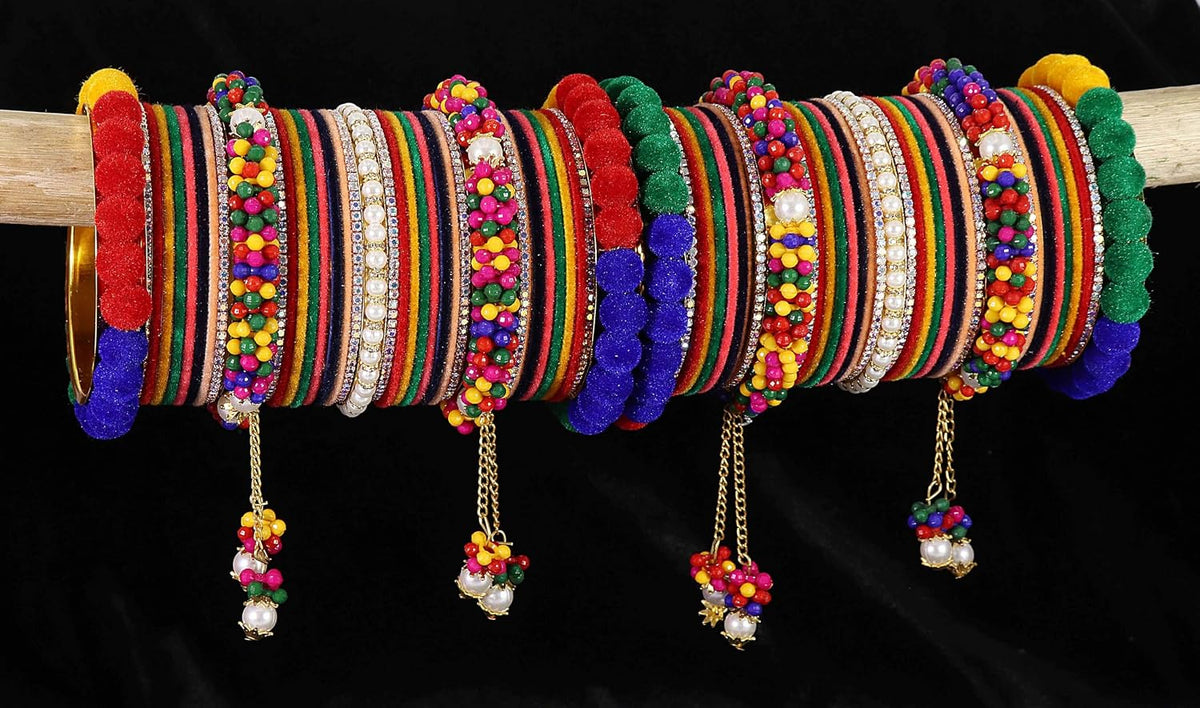 NMII Velvet Metal Bangles Pearls Moti Latkan Chuda Set For Bridal Women & Girls with American Diamond Stone | Beautiful Chuda Set | Bangles For Women | Premium Chura Set For Women- Set of 74