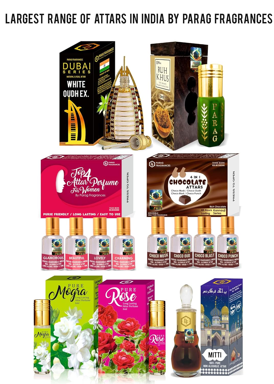 Parag Fragrances, 6ml Liquid Attars For Unisex (Rose & Mogra)