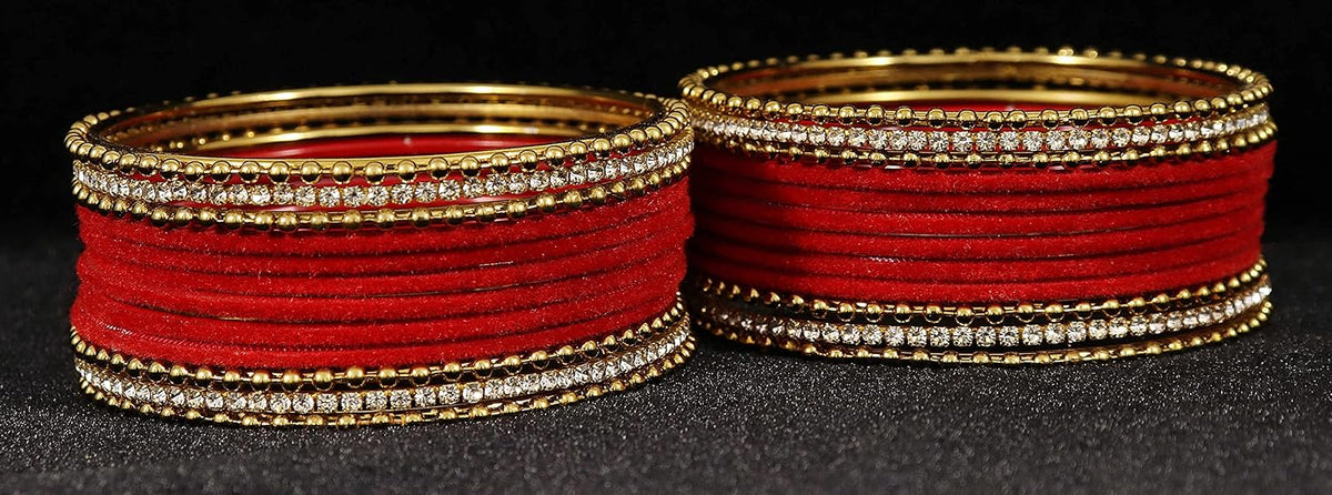 NMII Non-Precious Metal Base Metal With Velvet and Ball Chain Or Zircon Gemstone Studded Worked Bangles Set For Women and Girls
