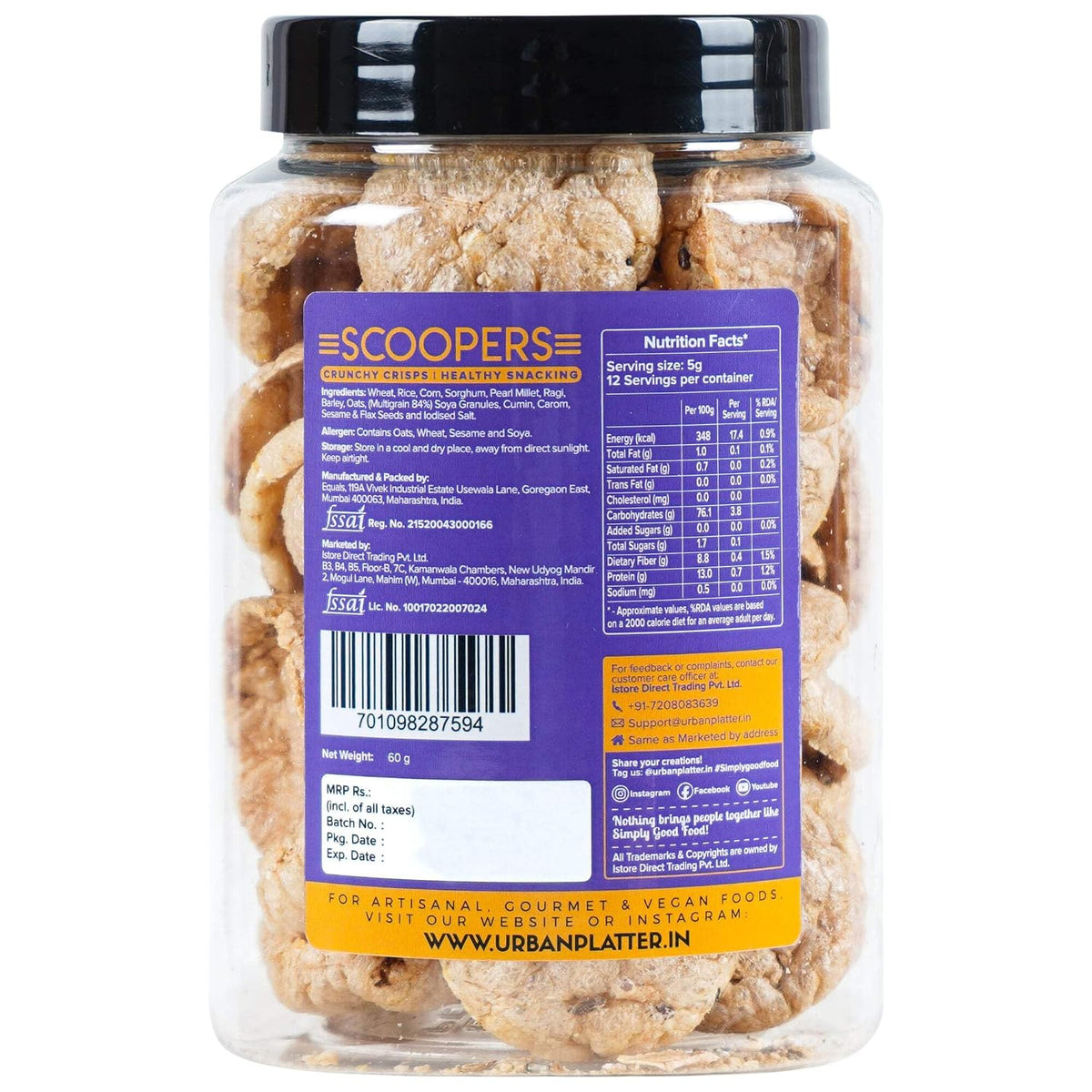 Urban Platter Scoopers Multigrain Munchie, 60g (Crunchy Crisps Made with Popped Multi-Grains and Seeds for Healthy Snacking)