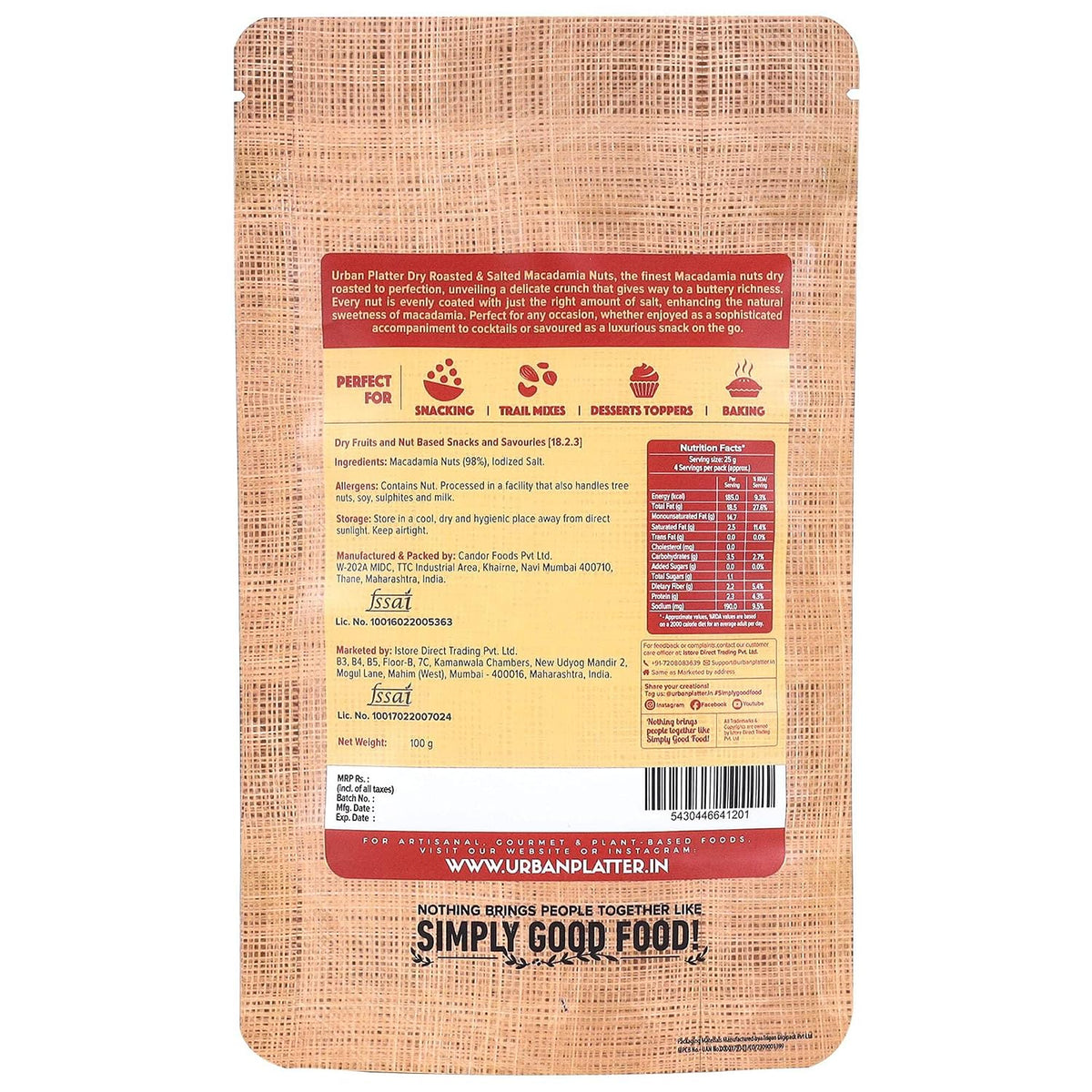 Urban Platter Roasted Salted Macadamia Nuts, 100g (Crunchy | Guilt-Free Snacking | Salted to Perfection)