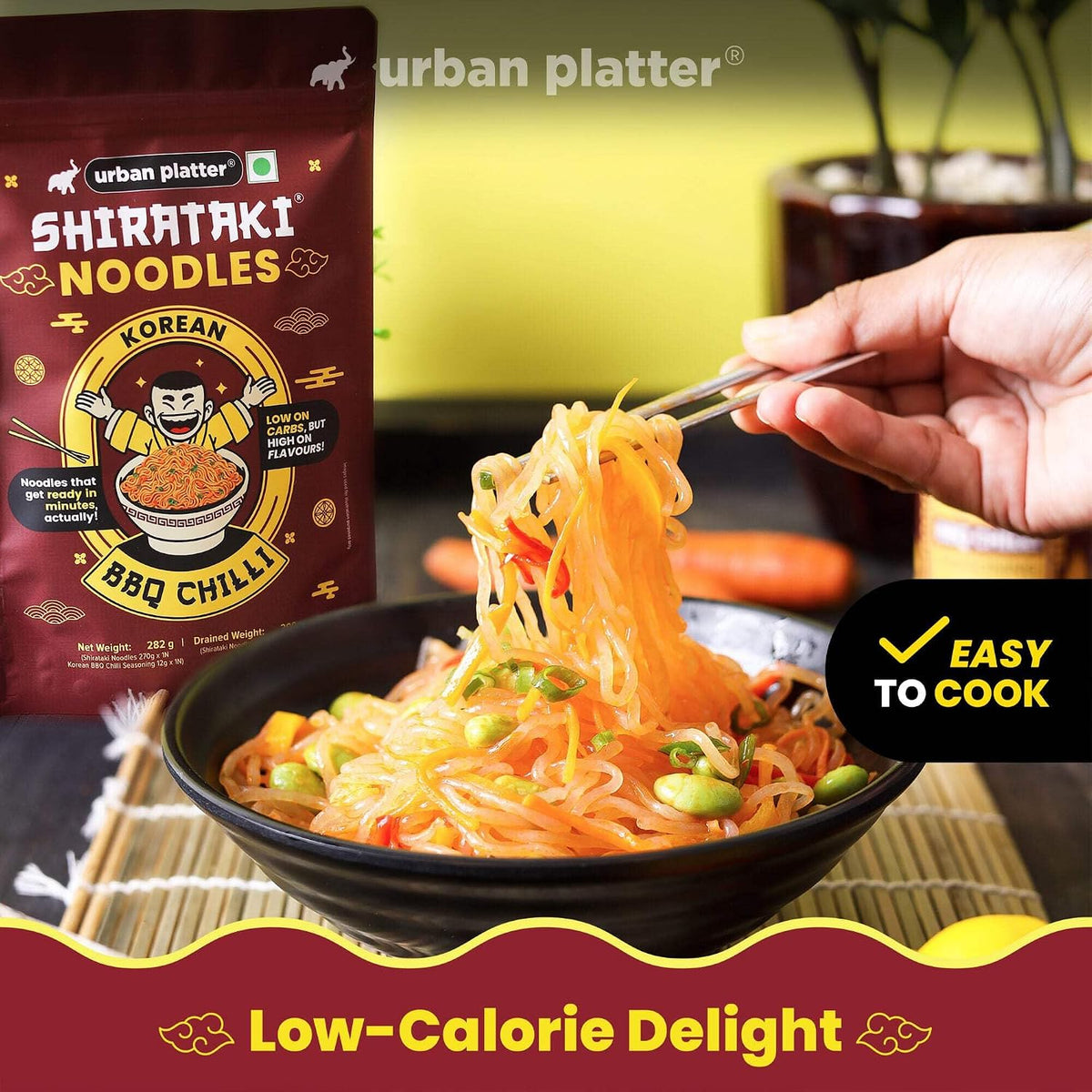 urban platter Korean BBQ Chilli Shirataki Noodles, 282gm (Konjac Noodle | Keto-friendly, Low-Carb, Fat-free | Spicy BBQ Chilli Flavour | Ready in Minutes), Large