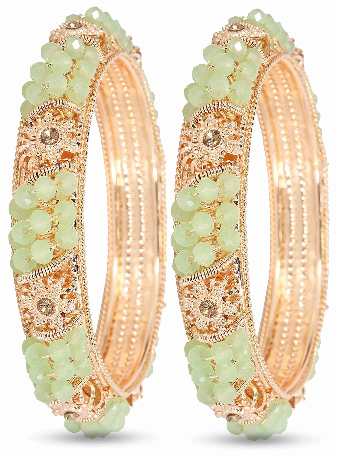 NMII Non-Precious Metal With Base Metal And Zircon Gemstone Or Colourful Beads Studded On Flower Glossy Finished Kada Set For women and Girls