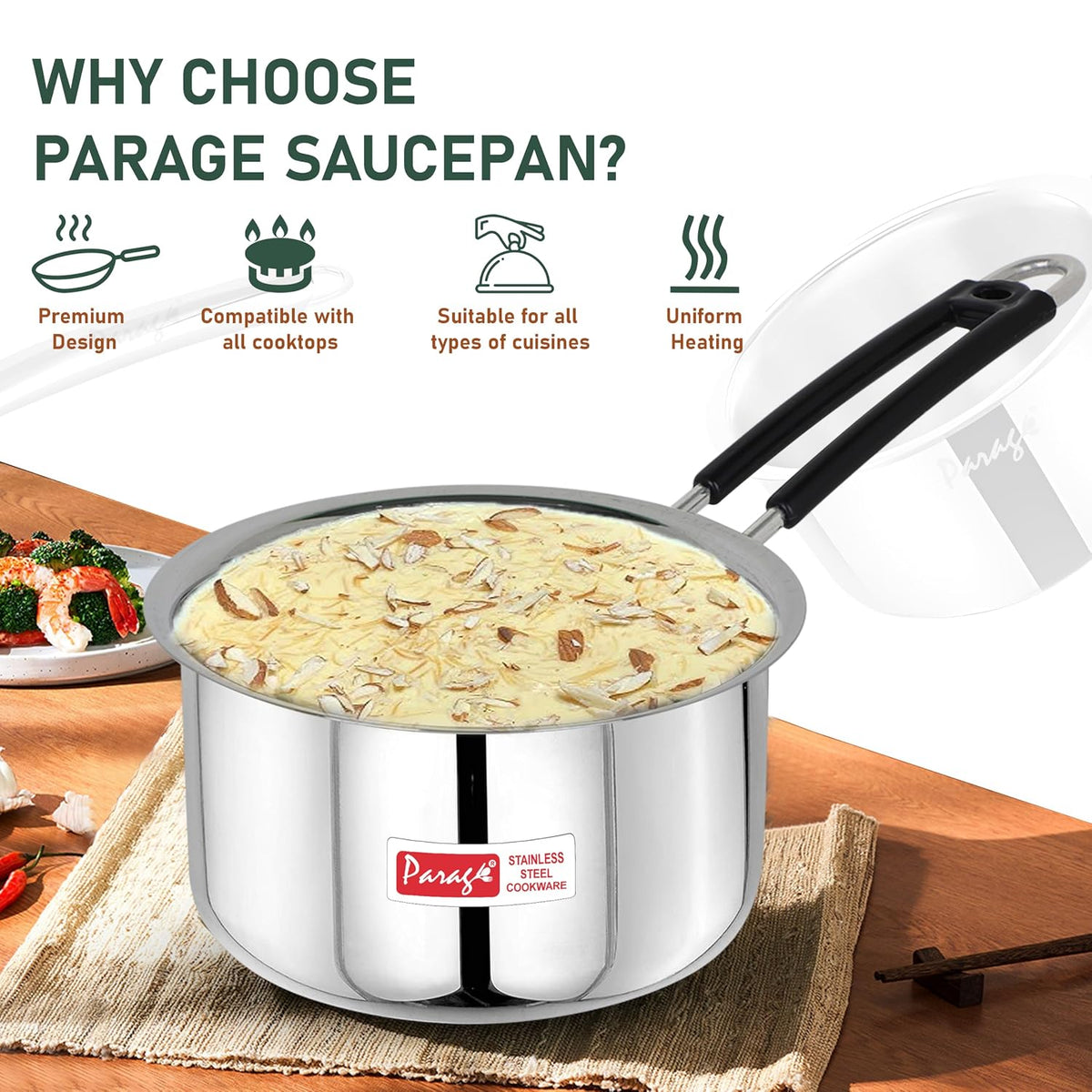 Parage 2 Pieces Stainless Steel Sauce Pan, Tea Pan, Milk Pan Heavy Gauge with Heat-Resistant Wire Handle Induction & Gas Stove Friendly (1 LTR & 1.75 LTR, Silver), 2.75 Liters
