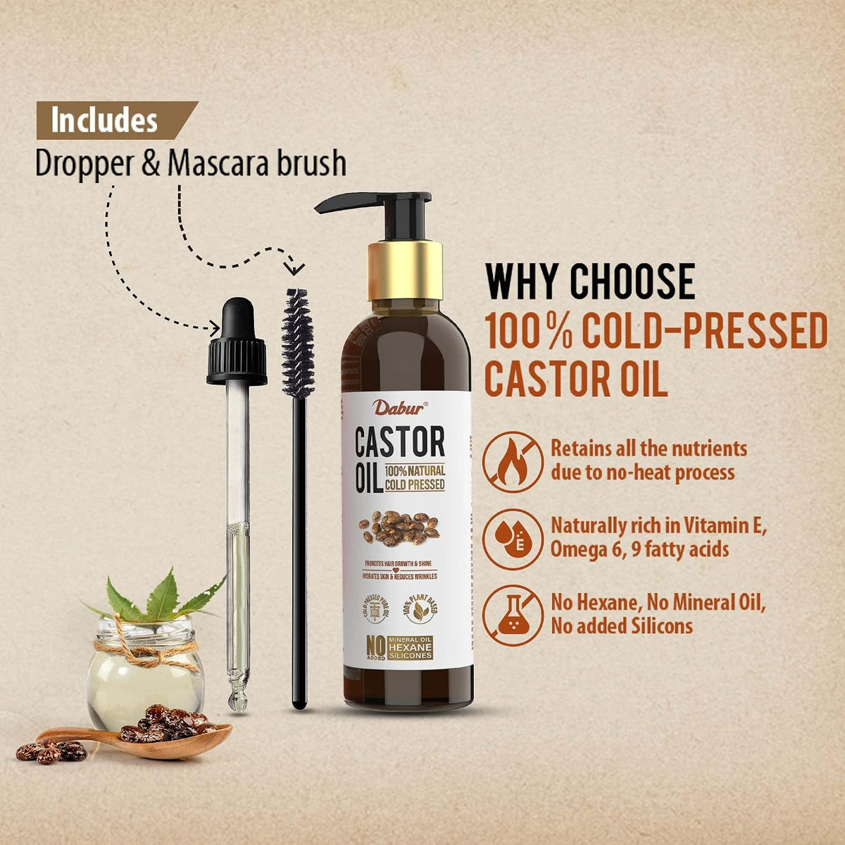 Dabur Castor Oil - 200ml | 100% Natural Cold Pressed Oil | Promotes Hair Growth, Hydrates Skin & Reduces Wrinkles | No Mineral Oil & Silicones (Pack of 2)