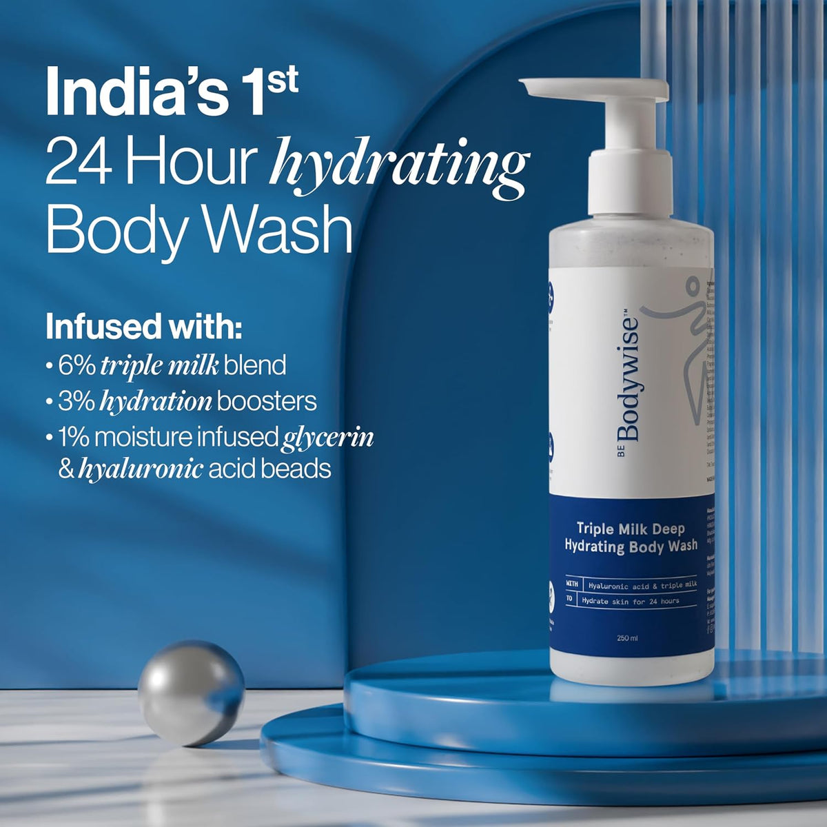 Be Bodywise Triple Milk Deep Moisturizing Body Wash 250ml |For Dry & Dehydrated Skin | With 6% Triple Milk Extracts & 3% Hydrating Boosters | Lasting Hydration & Skin Barrier Support | Paraben & SLS Free