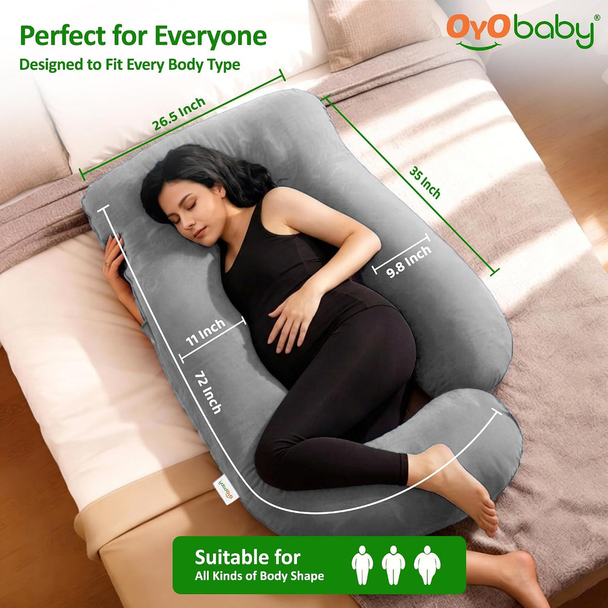 OYO BABY Maternity Pillows J-Shape Full Body Pillow | 360° Maternity Support for Back, Hips, Legs & Belly | Pregnancy Pillows for Women | Removable Washable Velvet Cover (Light Grey)