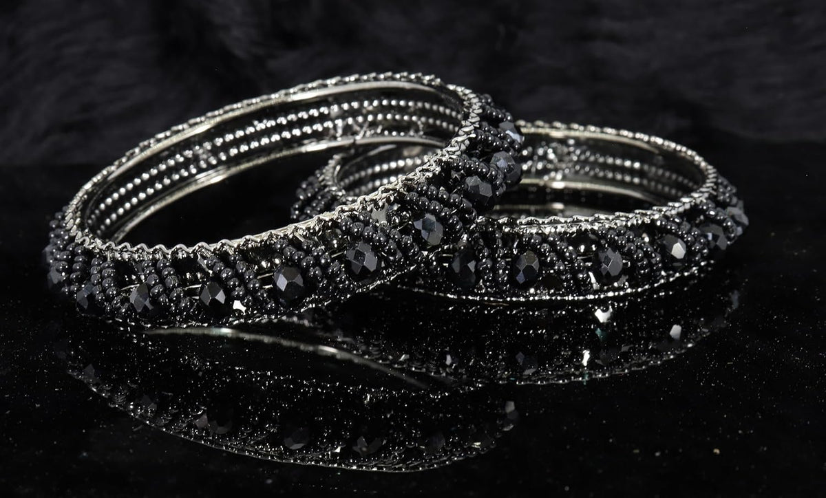 NMII Stylish Pearls & Alloy Metal Kada Set For Women and Girls | Metal Bangles For Women | Traditional Kada Bangles For Girls | Pearls Moti kada | black kada bangles for women, (MAH58_9001-Black-2.4)
