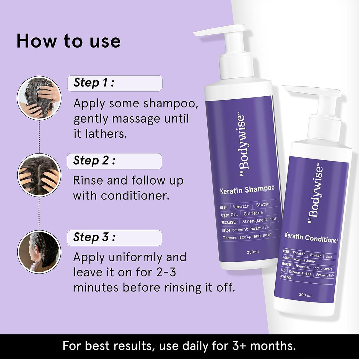 Be Bodywise Keratin Hair Fall Control Shampoo & Conditioner | Ultra Smoothing Shampoo + Conditioner with Niacinamide, Biotin, Argon Oil, Shea Butter & Caffeine | Paraben & SLS free, 450ml.