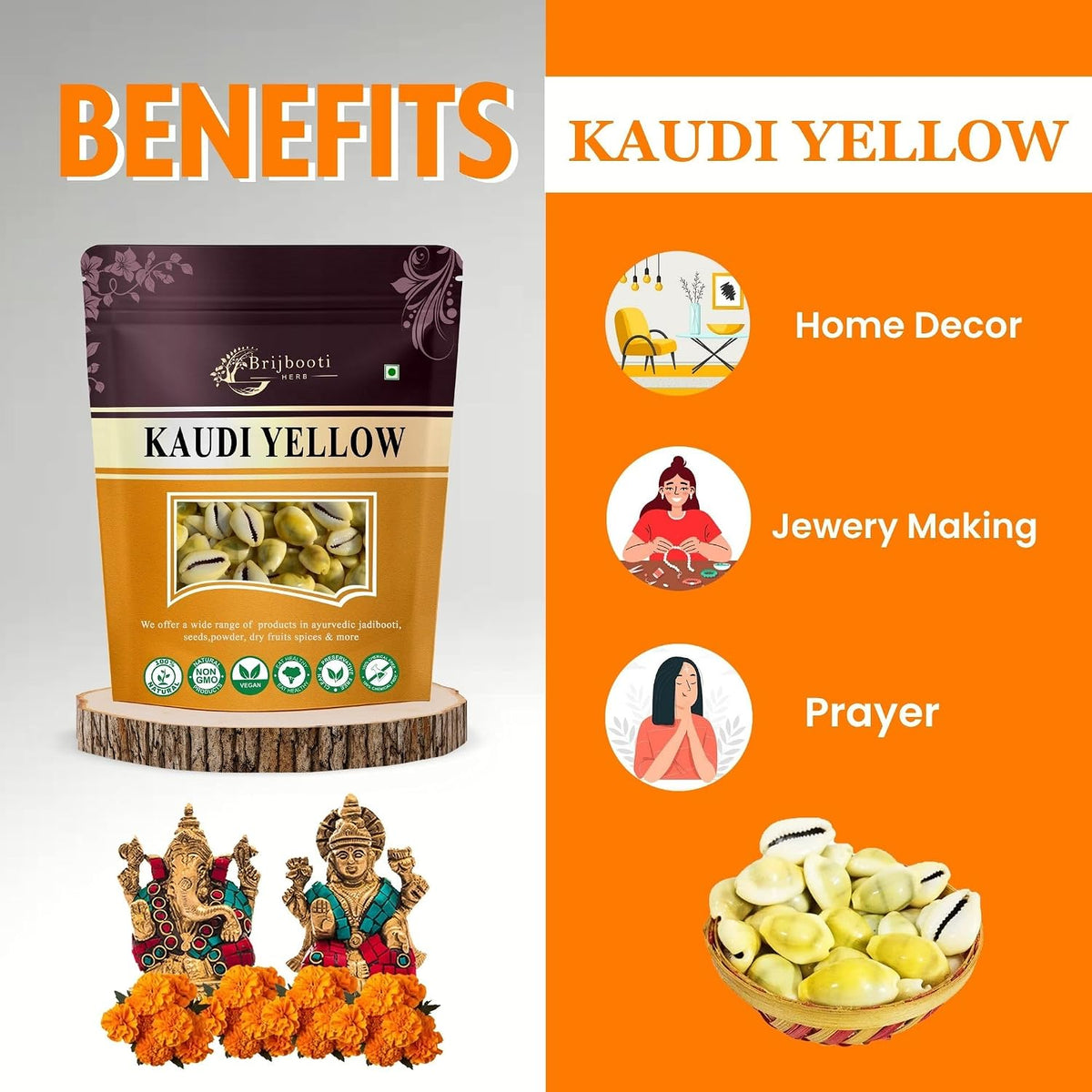 BrijBooti Natural Pili Kaudi - Yellow Kaudi - Yellow Kawri - Kodi - Peeli Cowrie - Laxmi and Diwali Puja Article (11 Pieces)