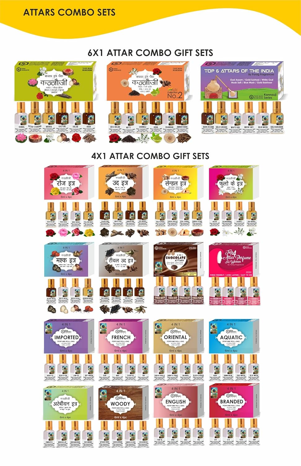 Parag Fragrances Kannauji Gift Set 6pc of 6ml Each/Gulab, Kesar-Chandan, Mogra, Agar oud, Kamal & Kasturi / 100% Alcohol Free & Natural Fragrance/Long Lasting for Pooja & Personal Use