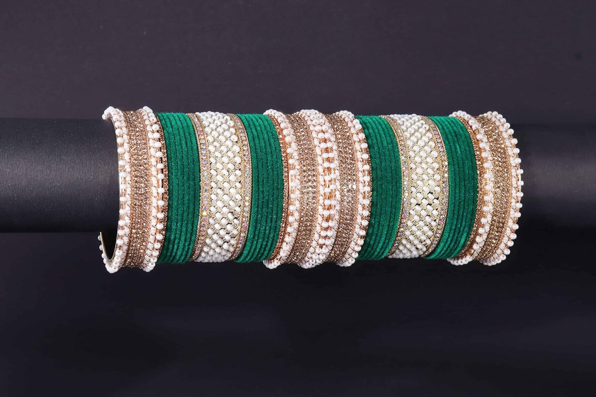 NMII Golden Metal Chuda Bangles Set For Bridal Women & Girls with Zircon Diamond, White Motis & Velvet Bangles | Latest Trendy Chooda Set | Bangles Set For Wedding, Party, Occasion- Set of 34