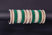 NMII Golden Metal Chuda Bangles Set For Bridal Women & Girls with Zircon Diamond, White Motis & Velvet Bangles | Latest Trendy Chooda Set | Bangles Set For Wedding, Party, Occasion- Set of 34