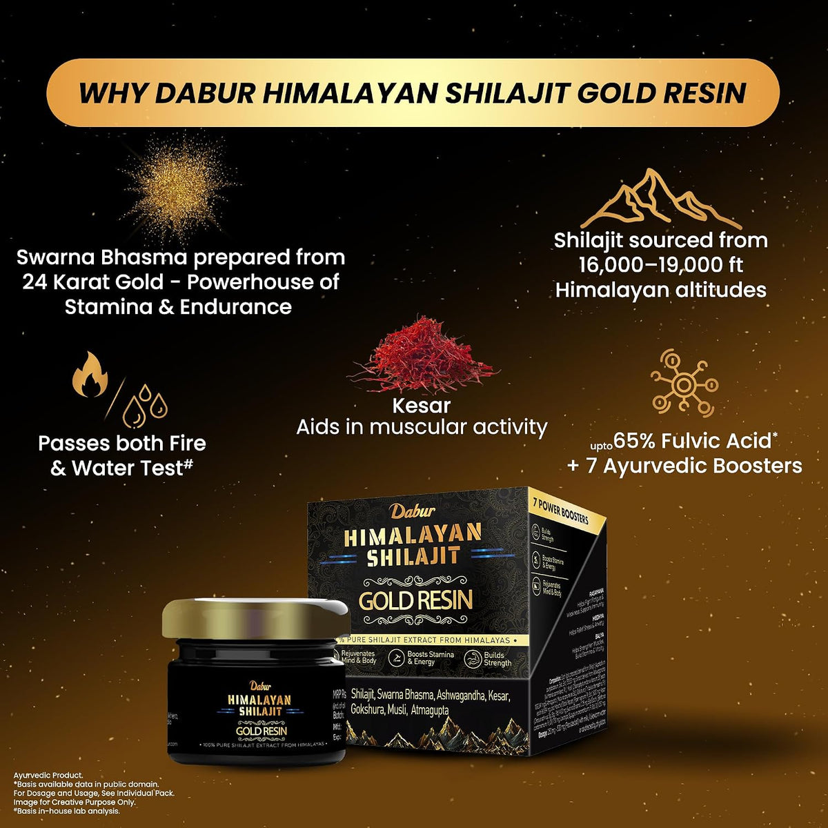 Dabur Himalayan Shilajit/Shilajeet Gold Resin - 20g | 500mg/Serving | 40 Servings | Contains 24 Karat Gold | 7 Ayurvedic Boosters | Boosts Muscle Growth & Stamina | 100% Ayurvedic