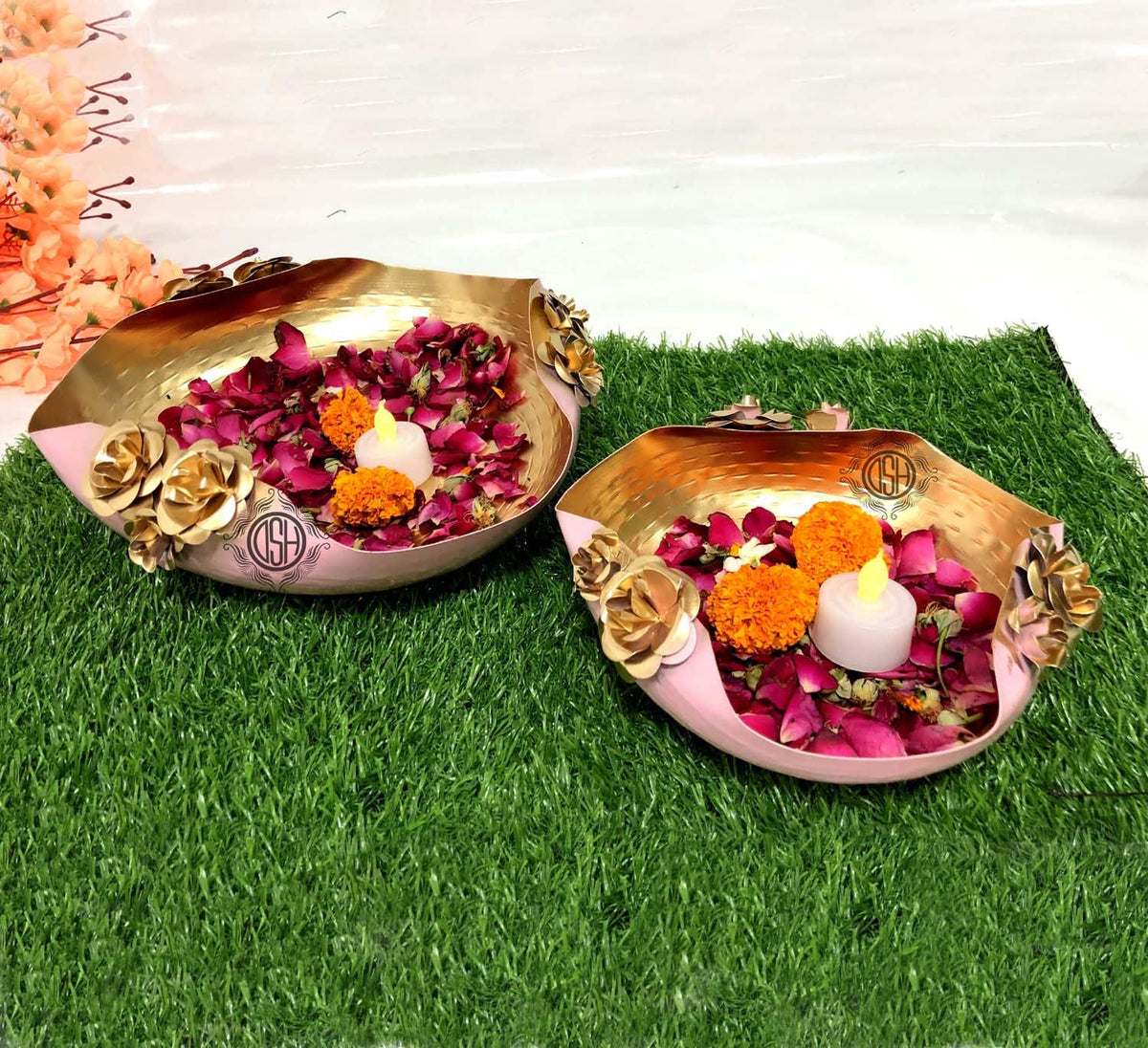 DSH Modern Urli Bowl for Floating Flowers and Candles Home, Designer Table Decor (Pink and Gold)- Set of 2