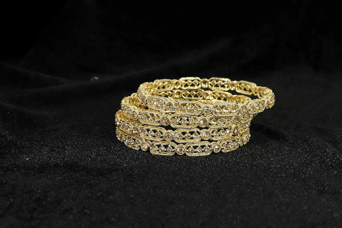 NMII Gold Plated Metal American Diamond Bangles Set For Women & Girls | Premium Traditional Design Kada Set For Women | Kada Bangles For Women | Wedding Fashion Jewellery- Set of 4