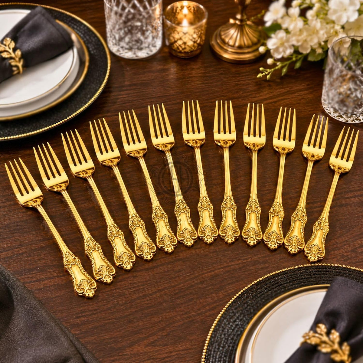 DSH Pure Brass Fork Floral Design Dinner Fork for Dining Table Home Kitchen Multipurpose Use.(BR-FORKking-12P)