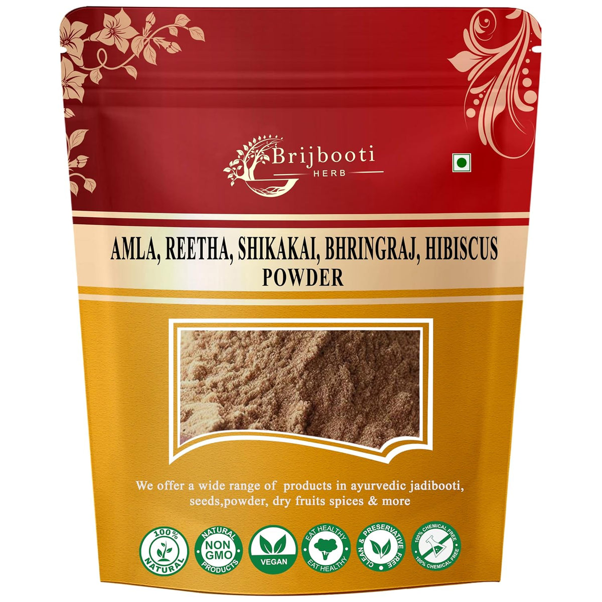 Brijbooti Pure Amla Reetha Shikakai Bhringraj Hibiscus Powder for Hair | Natural Herbal Hair Care Powder | 250g
