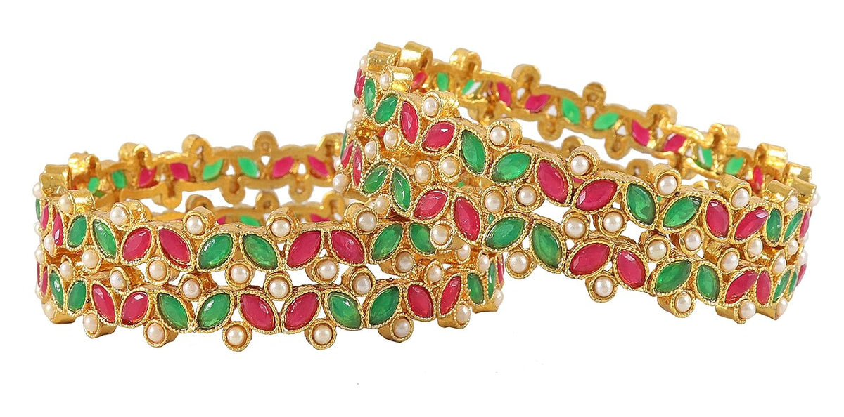 NMII Metal With Kundan and Beads Studded Flower Look Kada Set For Women and Girls