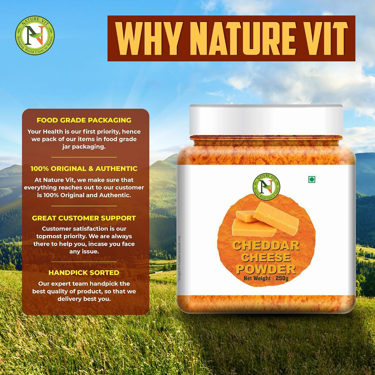 NatureVit Cheddar Cheese Powder, 250g | Cheddar Cheese Powder For Popcorn | Pizza Masala Powder | French Fries & Pasta Masala | Vegan Cheese Powder | Cheese Powder For Makhana