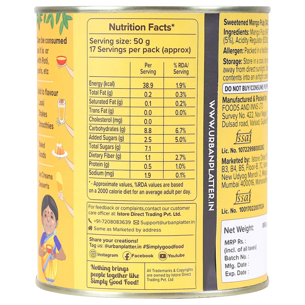 Urban Platter Alphonso Mango Pulp, 850g (Add to flavour lassi, baked goods, shakes, smoothies, desserts | Preservative-Free)