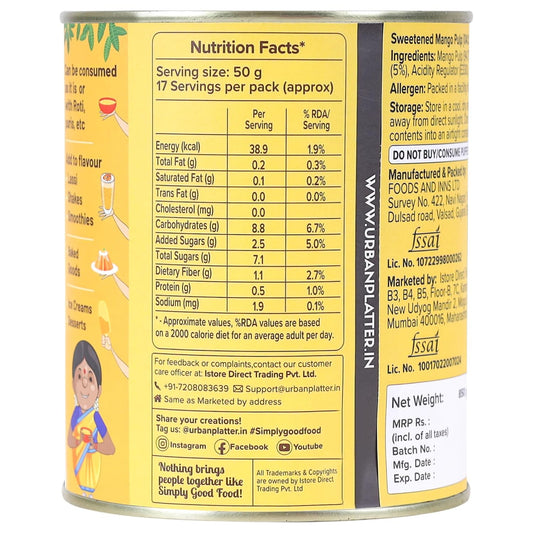 Urban Platter Alphonso Mango Pulp, 850g (Add to flavour lassi, baked goods, shakes, smoothies, desserts | Preservative-Free)