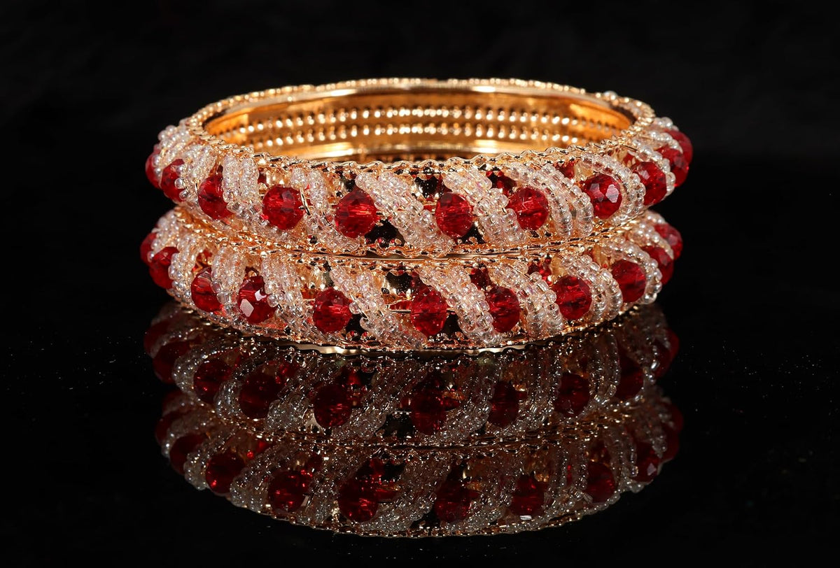 NMII Stylish Pearls & Alloy Metal Kada Set For Women and Girls | Metal Bangles For Women | Traditional Kada Bangles For Girls | Pearls Moti Bangles | Red Kada bangles for women, (MAH58_9001-Red-2.8)