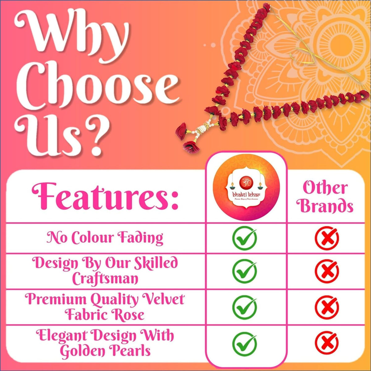 Bhakti Lehar Velvet Rose Flower Garland for Photo Frame and God Idol/Artificial Pearl Moti Gulab Mala Haar (30 Inch)