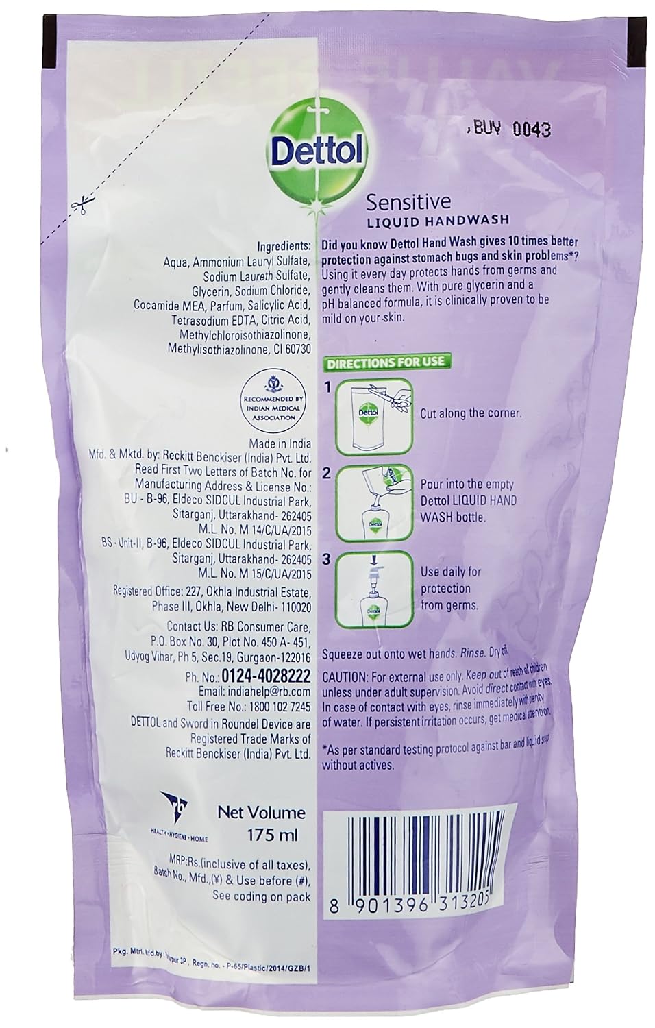 Dettol Sensitive pH Balance Handwash Refill Pouch - 175 ml