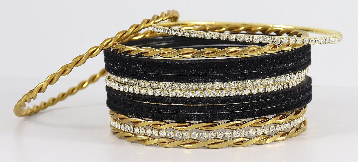 NMII Gold Plated Metal Velvet Bangles Set For Women & Girls with Zircon Gemstone Studded | Traditional Women's Bangles | Designer Gold Bangles | Fashion Jewellery- Set of 28