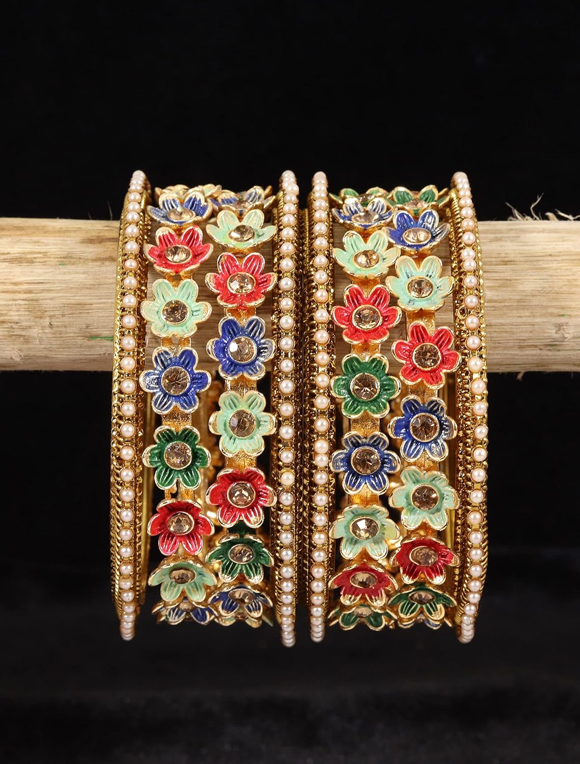 NMII Non-Precious Metal with Base Metal Meenakari Worked Zircon Gemstone or Pearls Studded Glossy Finished Flower Pattern Bangle set for Women and Girls