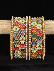 NMII Non-Precious Metal with Base Metal Meenakari Worked Zircon Gemstone or Pearls Studded Glossy Finished Flower Pattern Bangle set for Women and Girls