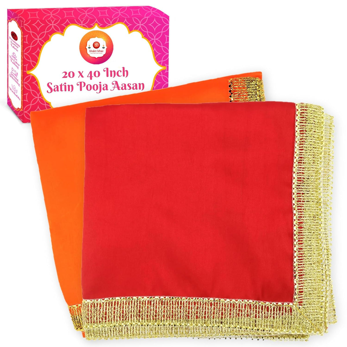 Bhakti Lehar Satin Pooja Aasan Cloth Mat for God Idol Sitting, Bhagwan Chowki, Ganesh Baithak, Temple Shelf, Home Mandir Decoration and Idol Backdrop (Red + Orange, 20 x 40 Inch)
