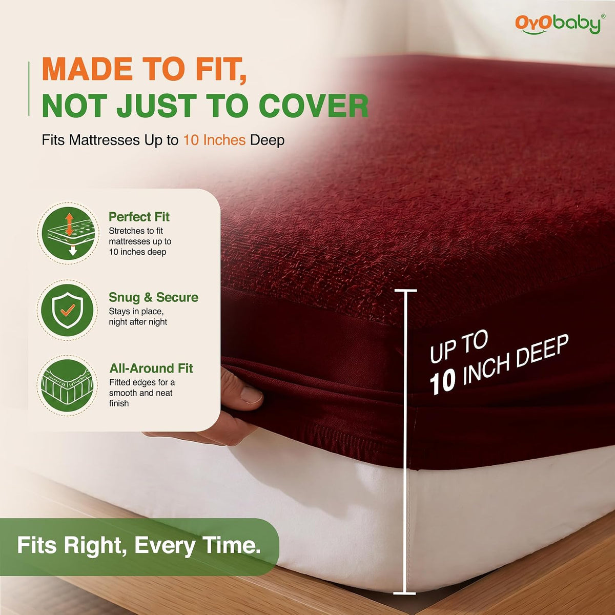 OYO BABY Double Bed Mattress Protector | Waterproof TPU Layer with Cotton Feel Terry Fabric | Breathable & Noiseless Fitted Mattress Cover | Baby, Kids & Family Use | 72 x 72 Inch (6 x 6 Ft) - Maroon