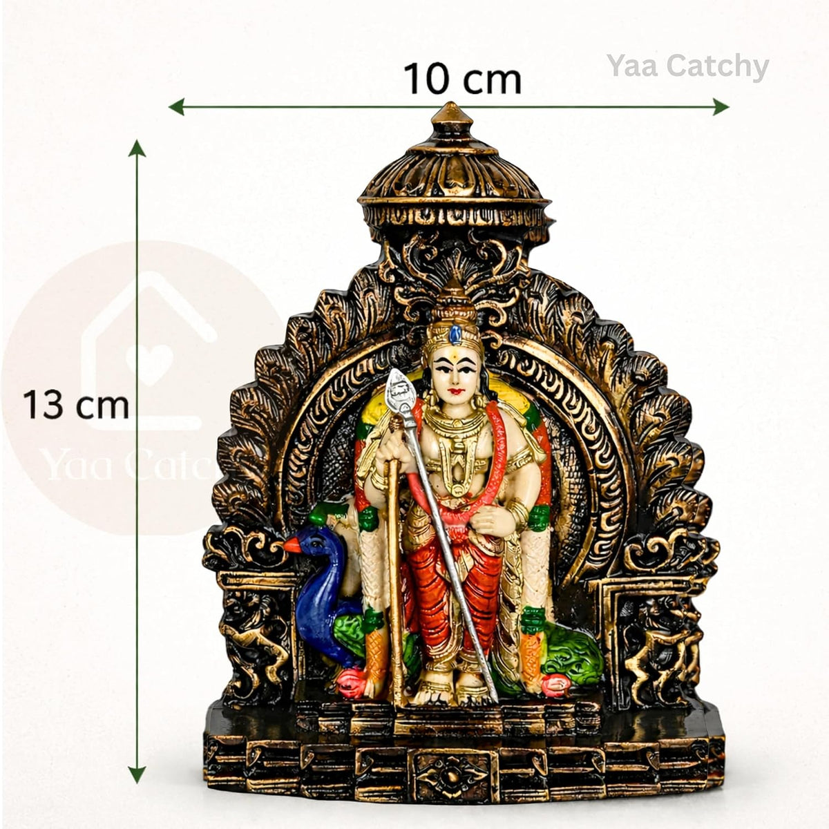 YaaNatural Yaa Catchy Lord Murugan Idol with Peacock & Vel Design Polyresin Statue hand painted Pooja Room, Home Décor & Office Table Spiritual Showpiece | Housewarming & Festival Gift (Arch Colour Murugan)
