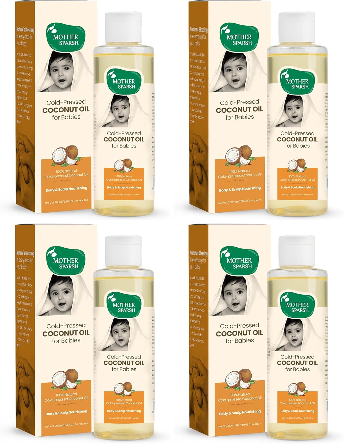 Mother Sparsh Cold Pressed Virgin Coconut Oil for Baby Massage, Skin & Hair Care | 100% Natural Baby Oil for New Born | 200ml (Pack of 4)