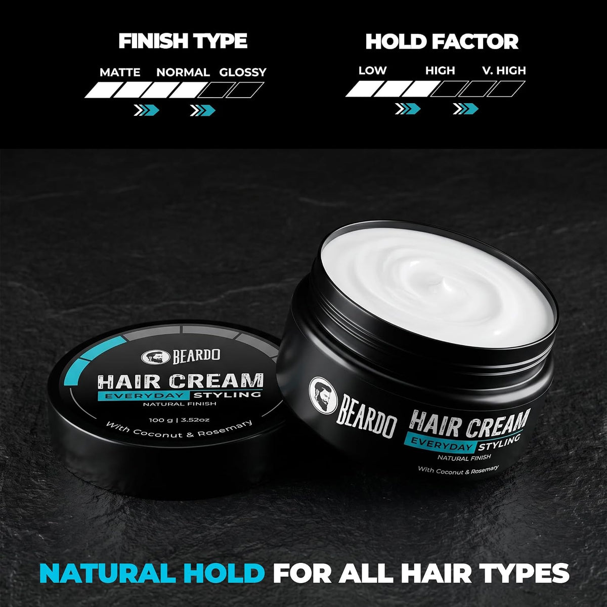 Beardo Hair Cream for Men | Natural Hold Hair Cream for Everyday Styling | Hydrates & Nourishes hair with Coconut, Vitamin E & Rosemary | Non-Sticky | All Hair Types | 100g